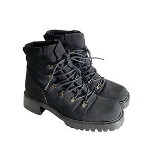 Stuart Weitzman Black Moto Combat Punk Lug Sole Nylon Lace Up Boots size 6.5